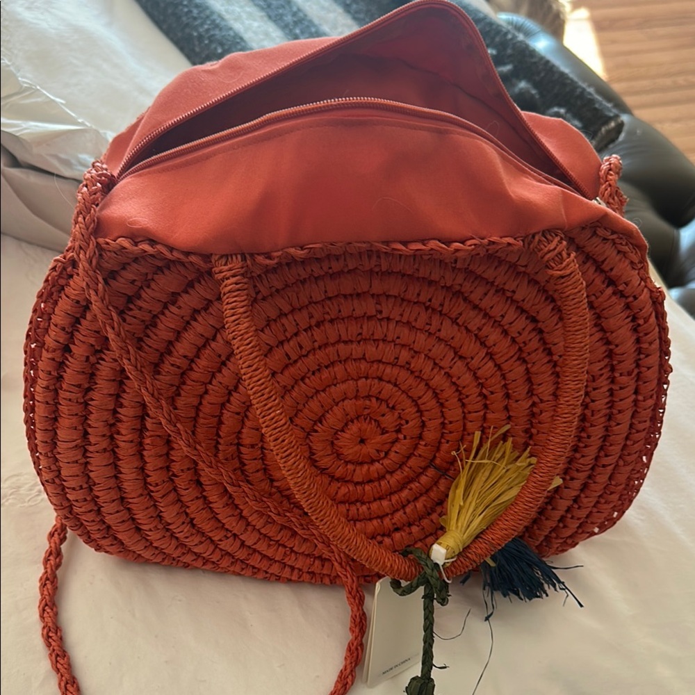 Straw Studios Orange Spiral Shoulder Bag and Crossbody Straw Bag - Large
